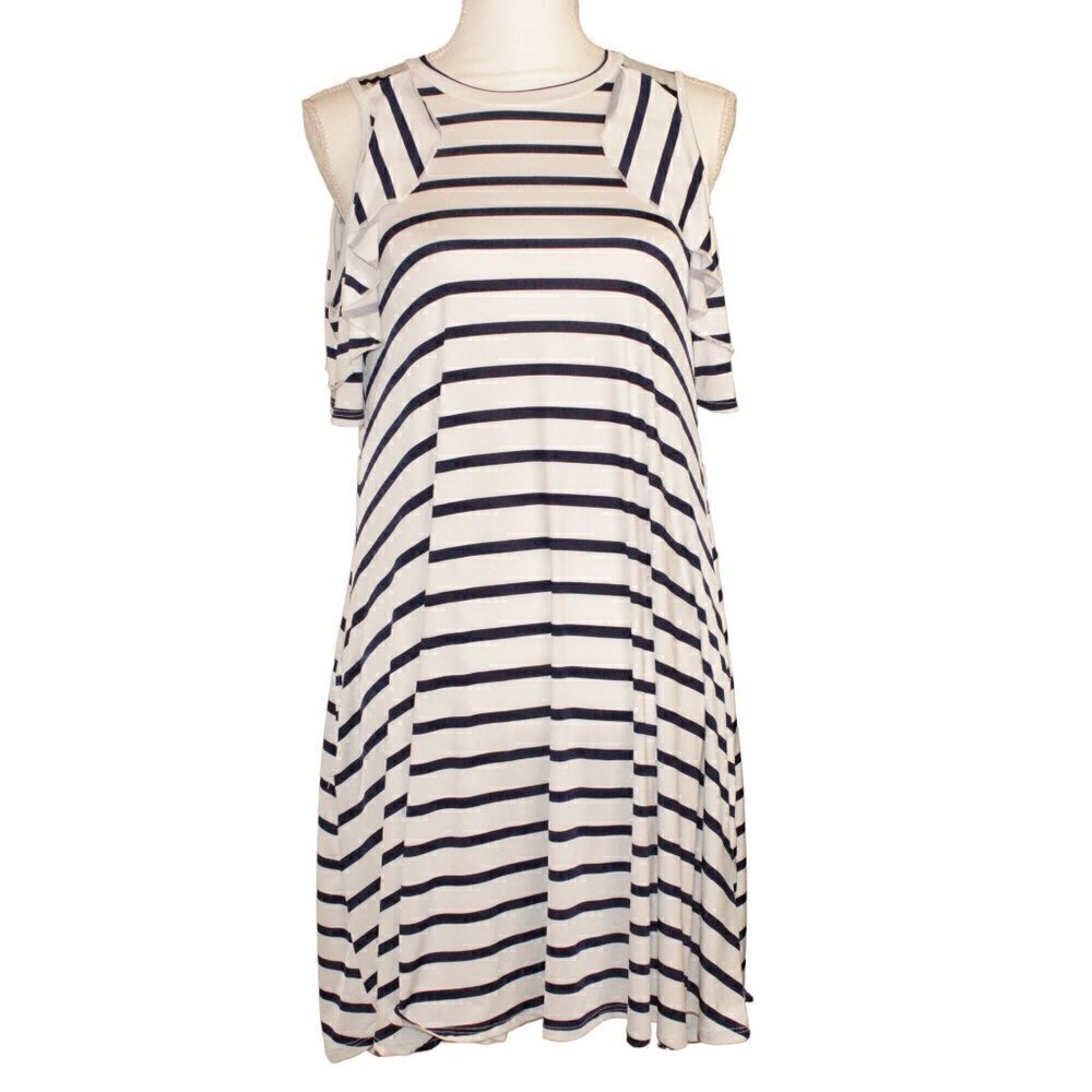 Bellamie Women’s Small Navy White Striped Cold Shoulder Midi Dress Pockets